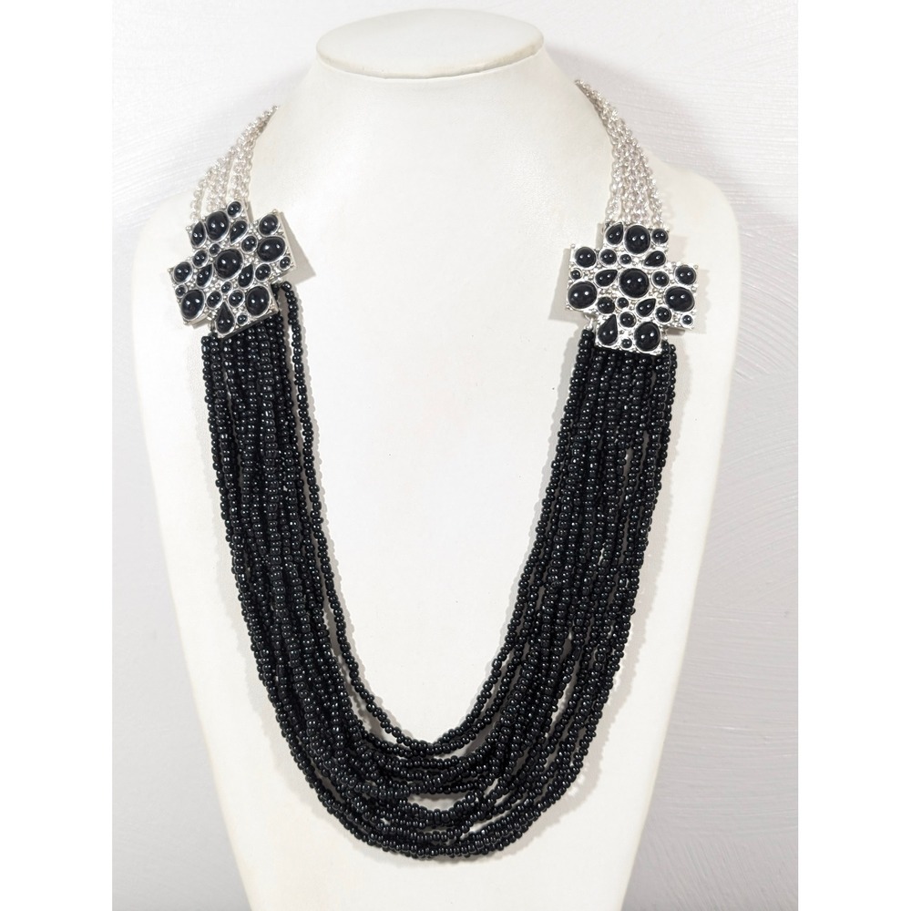 Black Glass Multi Strand Necklace‎ Cross Cabochon Pendant 31" Statement